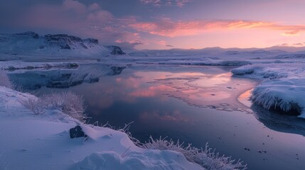 Naklejka premium Serene winter landscape with a river reflecting a colorful sky.