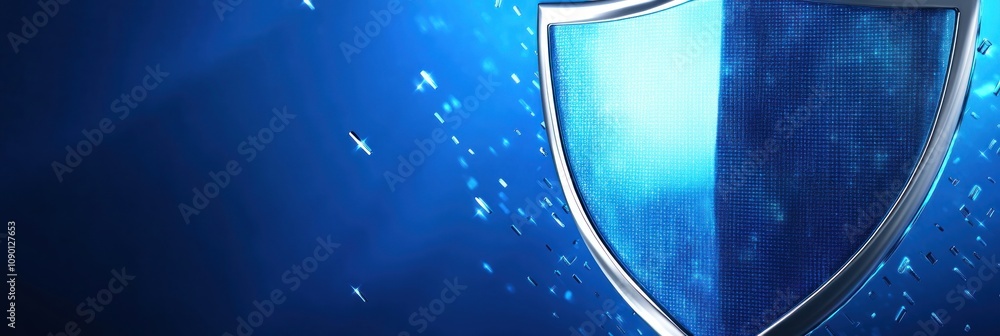 Poster a digital shield design with a blue background, symbolizing protection and security.
