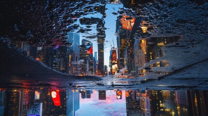 Upsidedown city reflection in puddle.