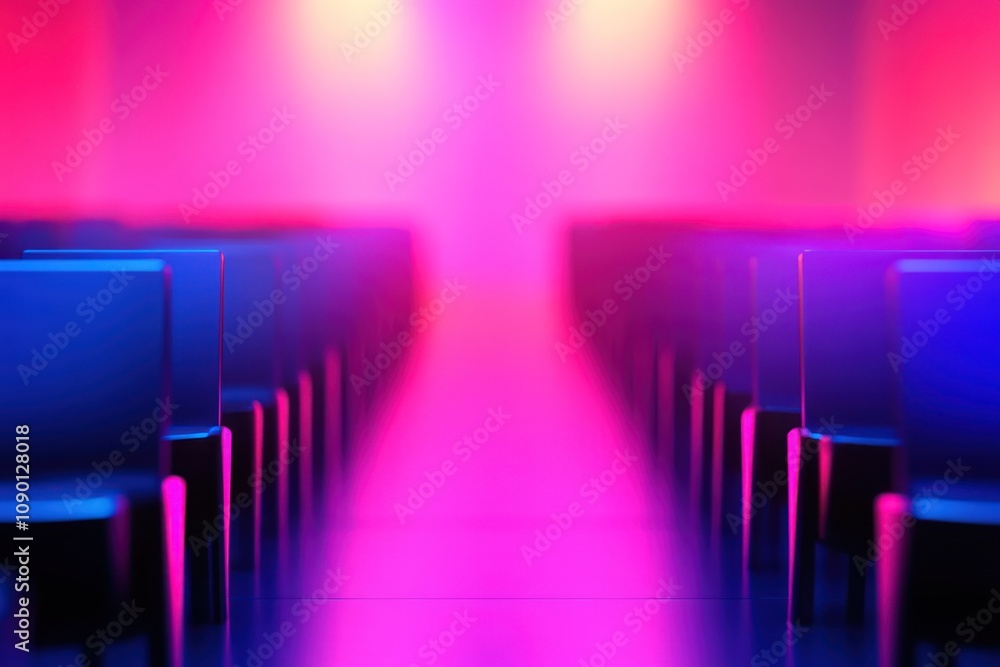 Poster a vibrant, illuminated space with rows of chairs, suggesting a venue for events or gatherings.