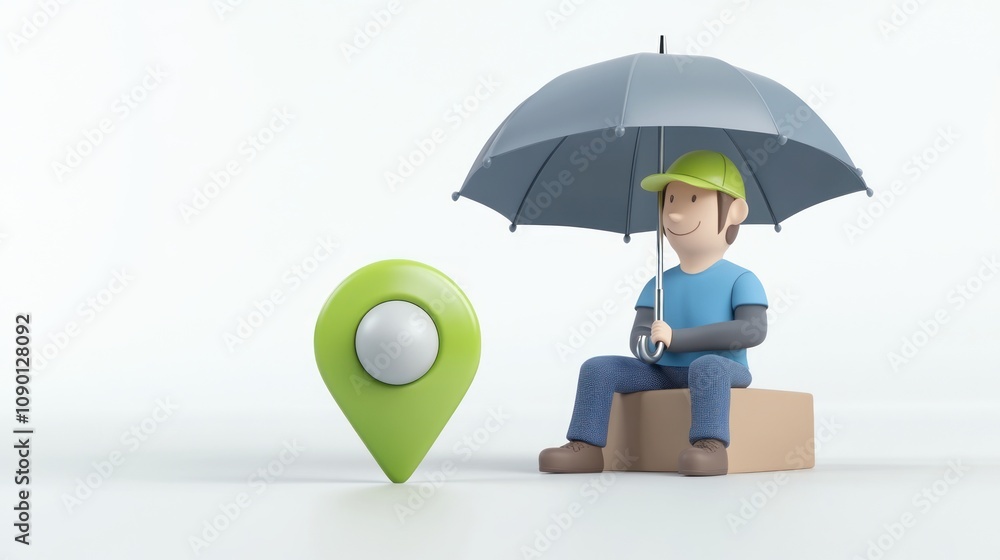 Poster a cartoonish character sits under an umbrella next to a location pin, symbolizing guidance.