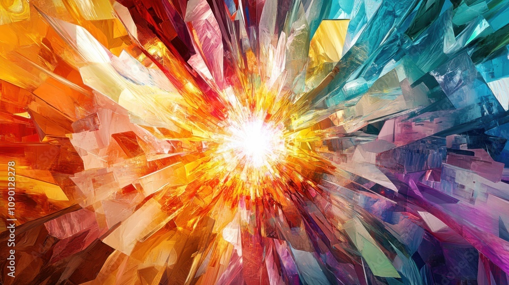 Poster A surreal depiction of a central, radiant core surrounded by a spectrum of colorful, floating shards