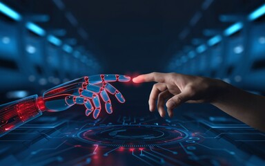 A futuristic, symbolic illustration of a human hand reaching out to touch a robotic hand made of glowing red circuits and transparent components.