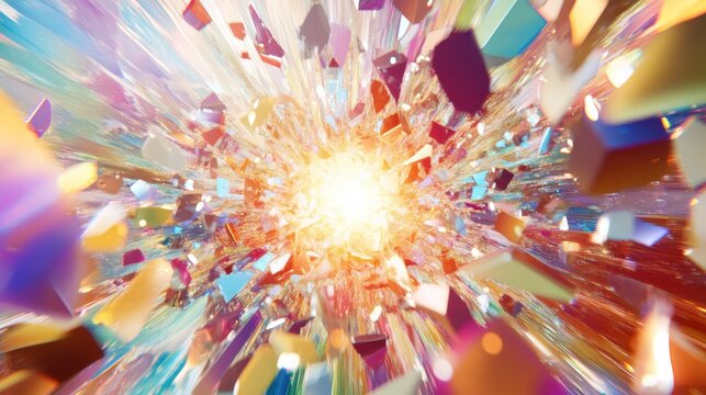 A surreal depiction of a central, radiant core surrounded by a spectrum of colorful, floating shards
