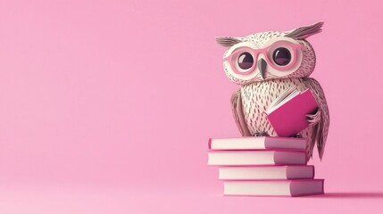 Obraz premium A cute owl wearing glasses reads a pink book atop a stack of books against a pink background.