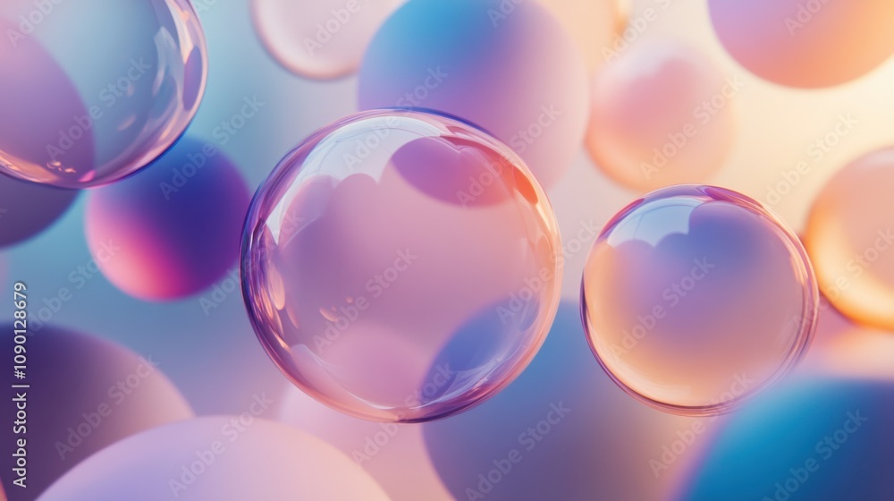 Poster A surreal depiction of floating, overlapping spheres with shifting gradients and reflections, Representing the dynamic interactions and harmonious blending of diverse perspectives