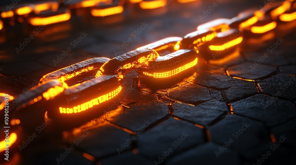 Poster Glowing orange chain links on dark hexagonal surface.