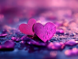 Obraz premium A close-up of purple hearts resting on a table, accentuated by delicate water droplets, creating a romantic and dreamy atmosphere perfect for Valentine's Day celebrations.