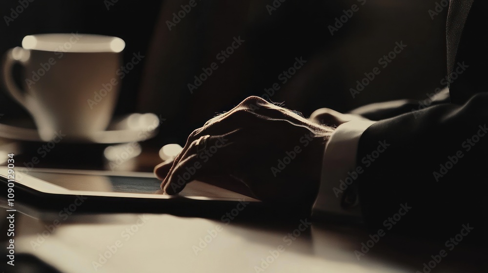 Poster a person in a suit interacts with a tablet beside a coffee cup in a dimly lit setting.