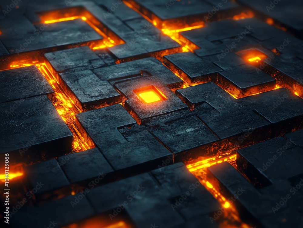 Poster Glowing orange lines illuminate dark grey stone blocks in a complex grid pattern.