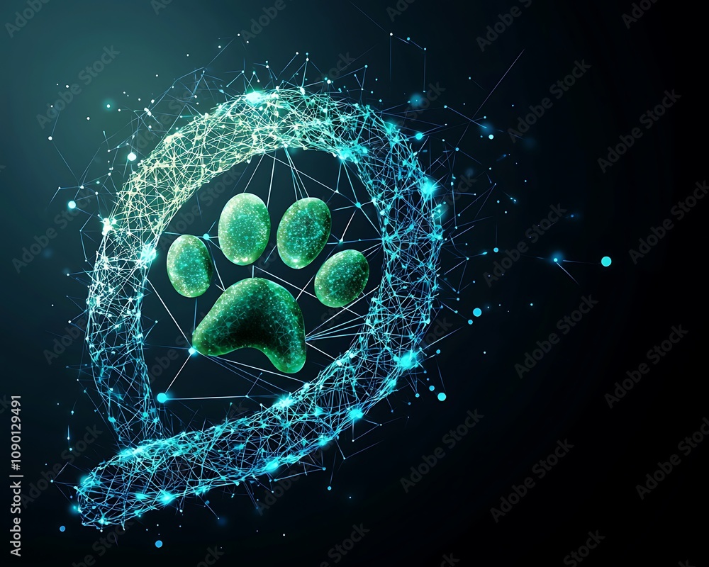 Poster digital paw print with glowing network design