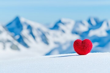 Fototapeta premium A vibrant red heart sits atop a snowy hill, framed by majestic mountains, symbolizing love and warmth amidst a winter landscape.