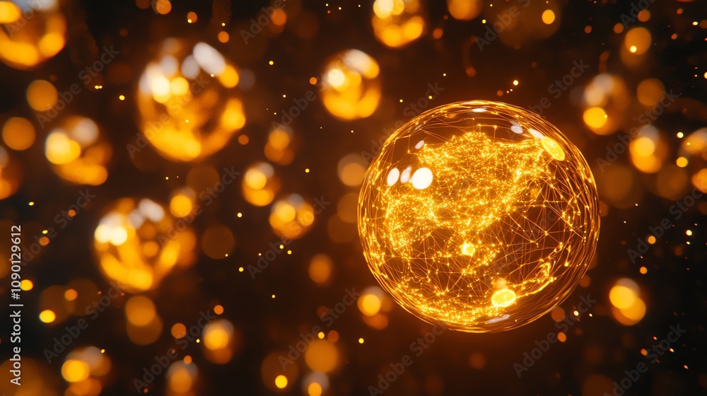 Poster Glowing orange sphere with network pattern, surrounded by bokeh lights.