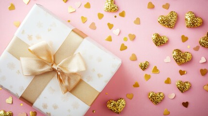 Fototapeta premium A beautifully wrapped white gift box adorned with a luxurious gold bow and scattered gold hearts, perfect for expressing love on Valentine's Day.