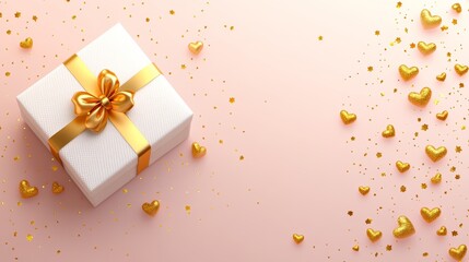 Fototapeta premium A beautiful white gift box adorned with a luxurious gold bow and elegant gold hearts, perfect for expressing love on Valentine's Day.