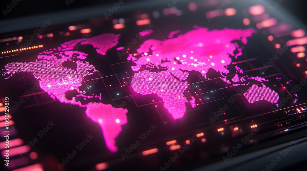 Poster glowing pink world map displayed on a futuristic digital screen.