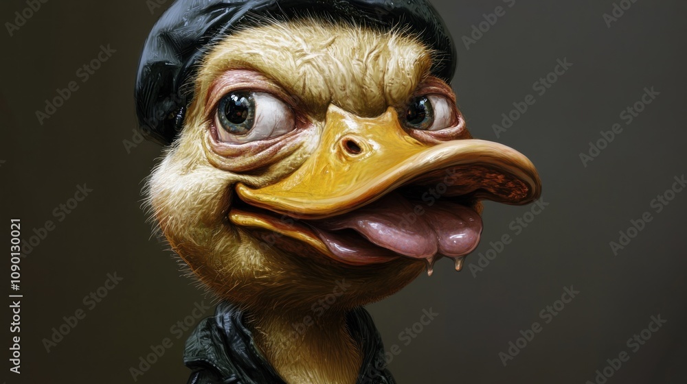 Poster a whimsical, anthropomorphic duck character with a playful expression.