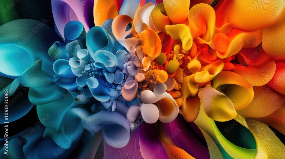 Poster a surreal image of vibrant, abstract clusters of shapes converging into a central, unified form