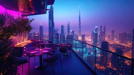 Fototapeta premium Rooftop restaurant, Elegant Rooftop Restaurant with City Skyline View at Sunset