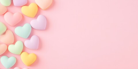 A vibrant close-up of pastel-colored hearts scattered on a soft pink background, perfect for celebrating love and affection on Valentine's Day.