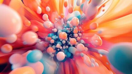 A surreal image of vibrant, abstract clusters of shapes converging into a central, unified form