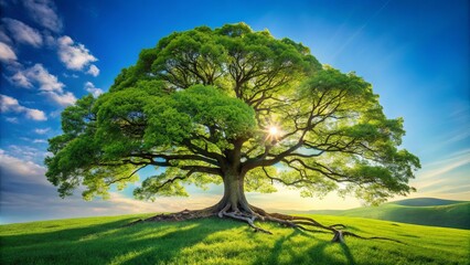 Majestic Oak Tree in a Sunlit Meadow, its expansive branches reaching towards a vibrant sky
