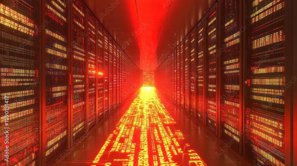 Poster a futuristic data center corridor illuminated in red, showcasing server racks and digital flow.
