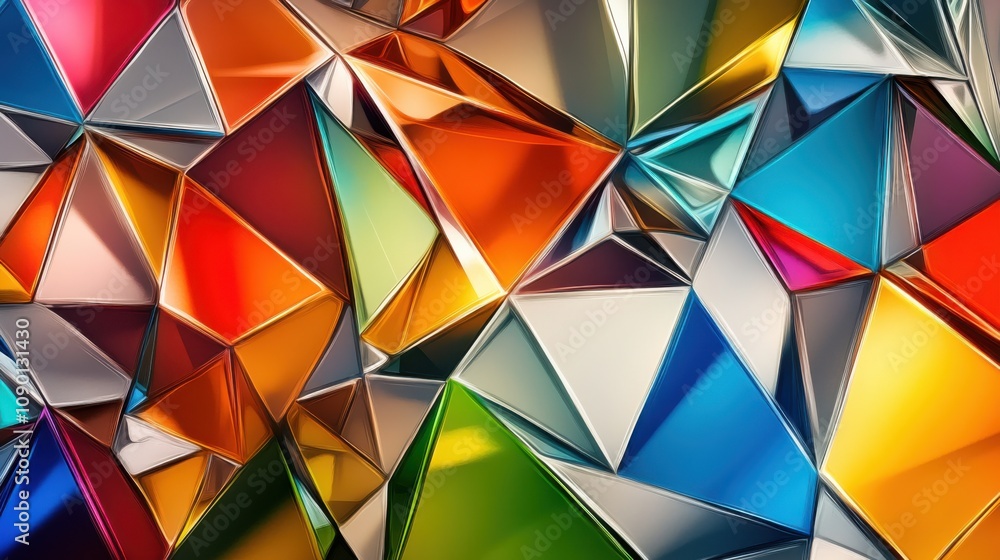 Poster A surreal visualization of a mosaic of colorful, shifting triangles forming a dynamic, cohesive image
