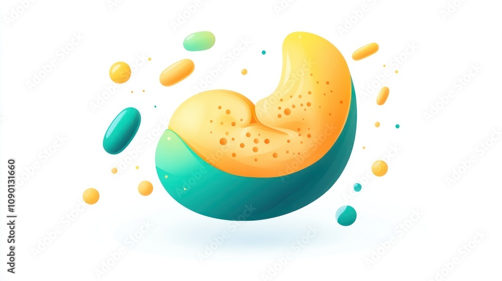 Poster A stylized, colorful representation of a bean-like shape with floating elements.