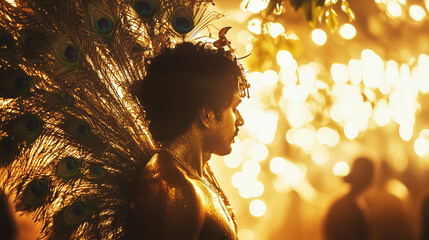 Thaipusam festival, a man with a body covered in gold paint carries a large kavadi decorated with peacock feathers, Ai generated images
