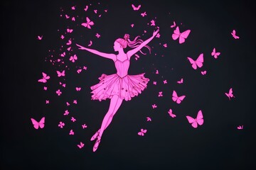 Obraz premium A vivid neon representation of the Sugar Plum Fairy dancing gracefully surrounded by neon butterflies and flowers against a black backdrop.