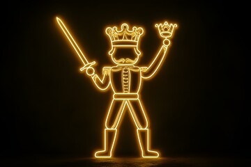 An electrifying neon outline of a Nutcracker prince with a sword and golden crown on a dark background.