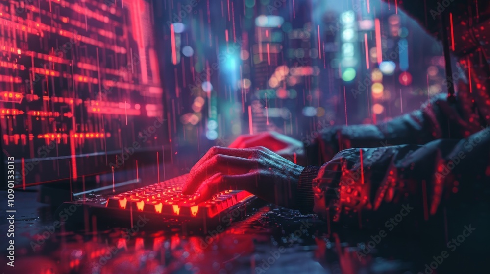 Aufkleber a hacker typing on a keyboard amidst a neon-lit urban backdrop.