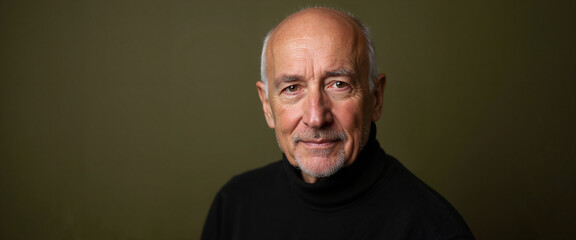 Fototapeta premium Elderly man smiles warmly in black turtleneck, wisdom portrait