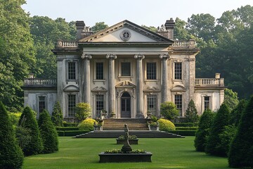 Obraz premium Grand neoclassical mansion with manicured gardens.