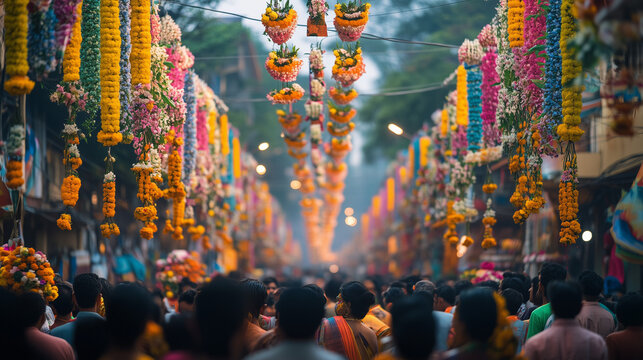 Thaipusam Festival, a sea of ​​people filling the streets decorated with lanterns and flowers, participants with painted bodies, Ai generated images