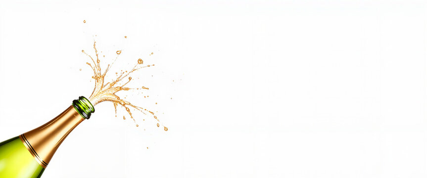 Champagne bottle popping with golden splash, celebration