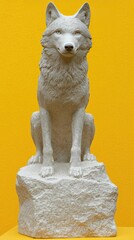 A white stone sculpture of a wolf sitting on a rock against a bright yellow background.