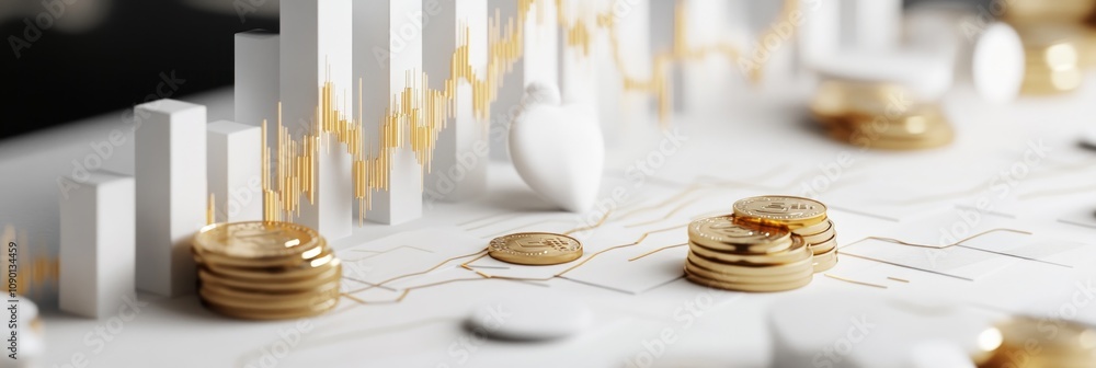 Poster a 3d representation of financial growth with coins and graphs.
