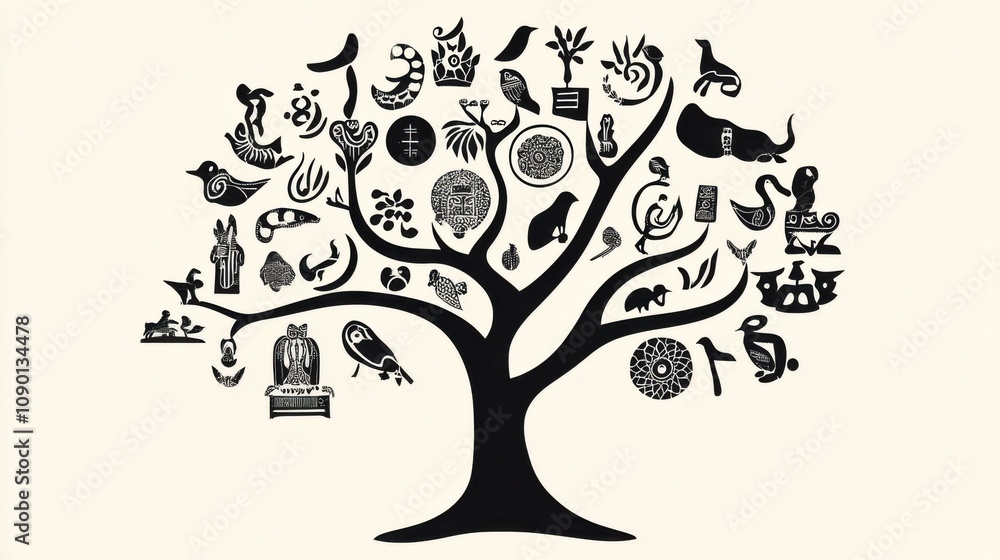 Aufkleber a tree with branches forming different cultural symbols, highlighting the inclusion of various tradi