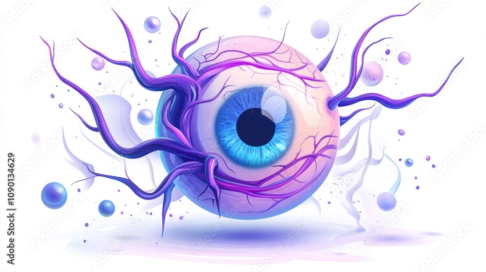 Poster an abstract illustration of a stylized eye with branches and bubbles, emphasizing creativity.