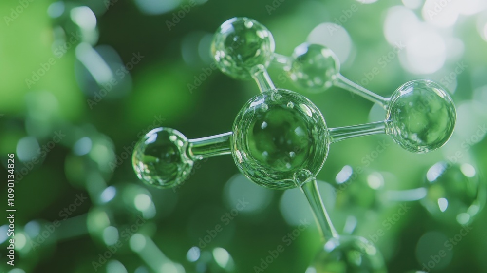 Poster a close-up view of green molecular structures, highlighting scientific concepts.