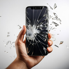 手に持てるスマートフォンの画面が割れてガラスが飛び散ってる瞬間のスローモーション