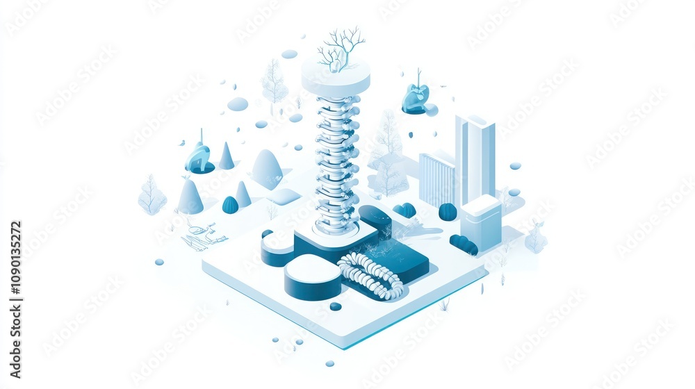 Poster a stylized illustration depicting a futuristic cityscape with abstract structures and nature element