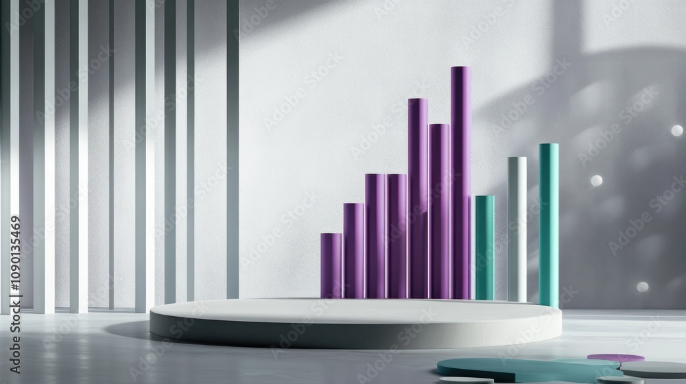 Poster a modern, abstract scene featuring colorful vertical bars on a circular platform.