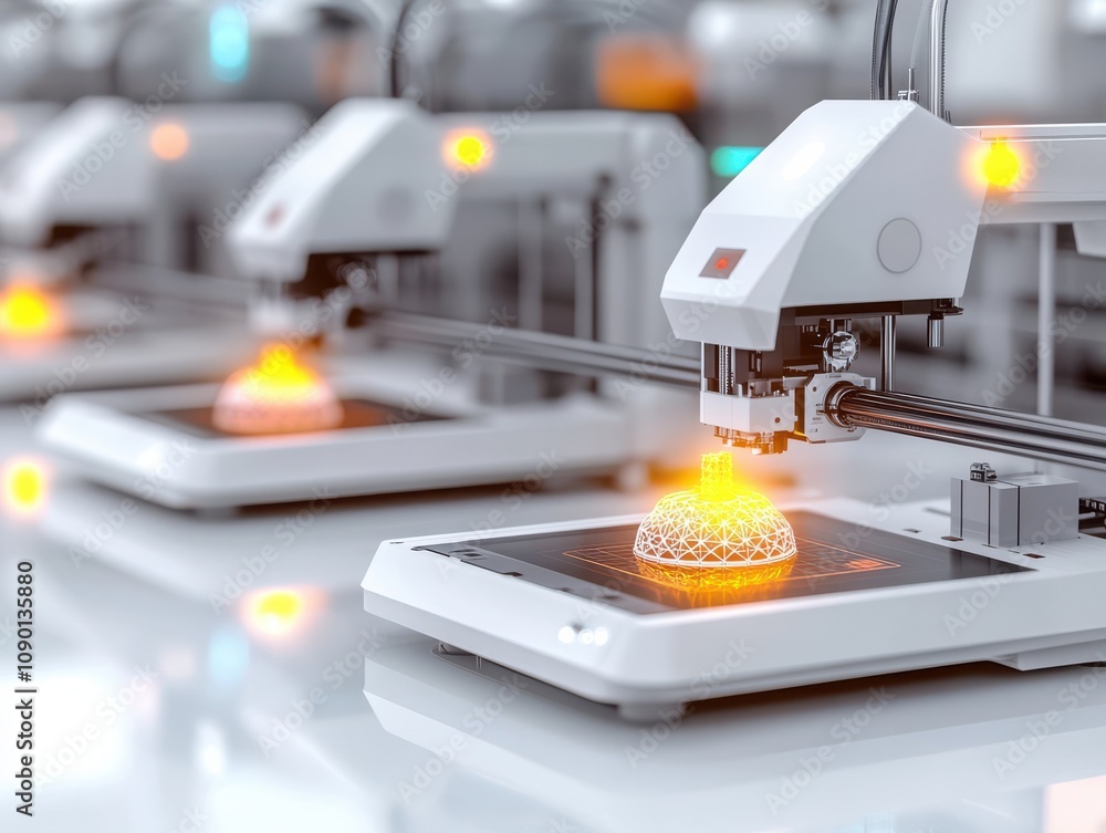 Poster 3d printers creating intricate designs in a modern laboratory.
