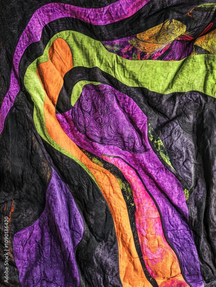 Poster abstract fabric design featuring vibrant colors and flowing patterns.