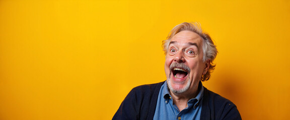 Obraz premium Joyful senior man laughing against bright yellow background
