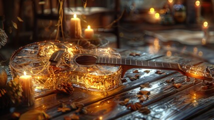 Fototapeta premium A beautifully decorated guitar surrounded by candles and autumn leaves.