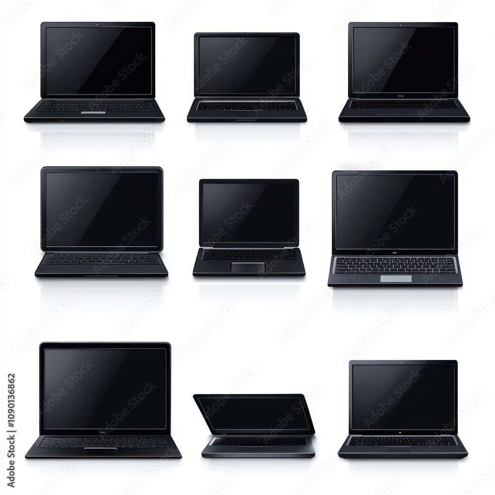 Poster a grid of various laptops in different orientations and designs, showcasing technology.